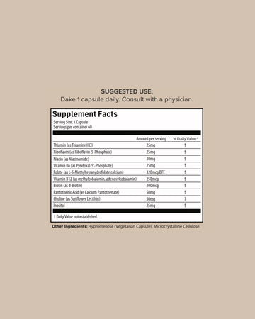 A supplement facts label centered on a beige background with the heading 'SUGGESTED USE:' above it. The label reads 'Dake 1 capsule daily.