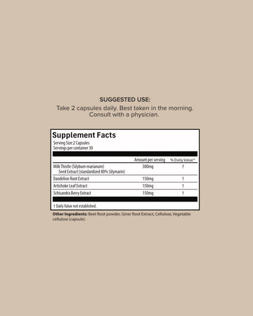 A beige background with black text reading 'SUGGESTED USE:' and a centered supplement facts label showing ingredients and serving information.