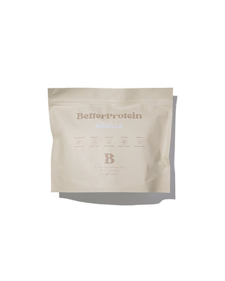 Beige protein powder package with 'Better Protein' branding on a white background