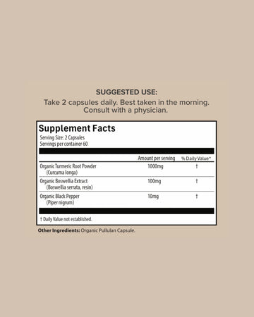 A supplement facts label on a beige background with text reading 'SUGGESTED USE:' and 'Take 2 capsules daily. Best taken in the morning.