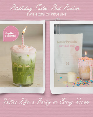 Advertisement for 'Birthday Cake, But Better' protein product with a drink and packaging on a pink background.
