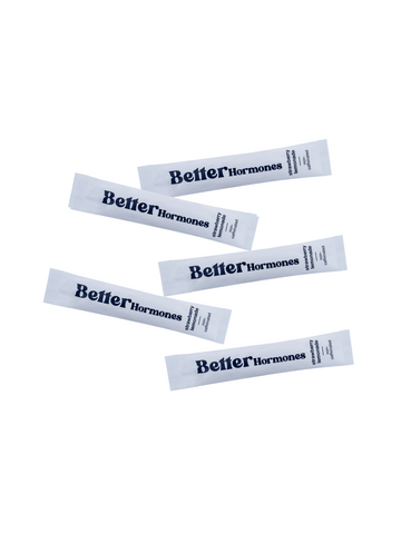 Five BetterHormones strawberry lemonade packets on a white background.