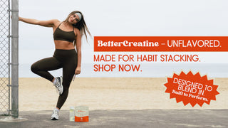 Woman in athletic wear leaning against a fence with promotional text for 'BetterCreateine' supplement.