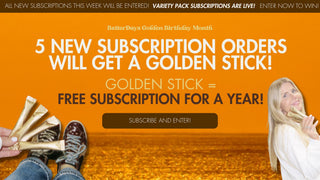 Promotional banner for a subscription offer with a woman and shoes on an orange background