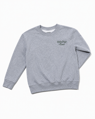 Gray sweatshirt with a logo on the chest against a white background