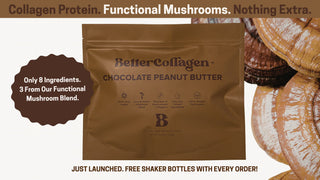 Brown package of BetterCollagen Chocolate Peanut Butter with mushroom slices in the background