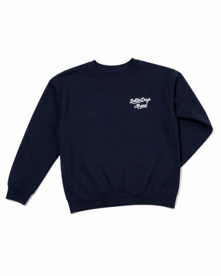 Navy blue sweatshirt with white text on a white background