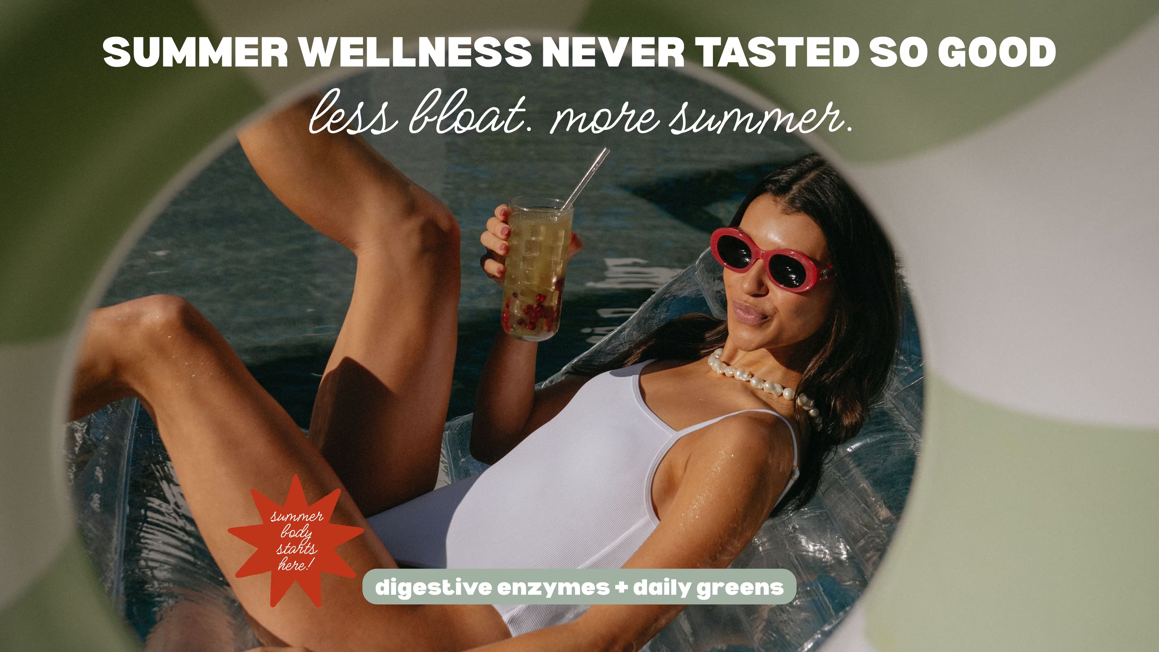 Woman relaxing on a floatie in the water with a drink, text about summer wellness and product promotion.