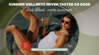 Woman relaxing on a floatie in the water with a drink, text about summer wellness and product promotion.