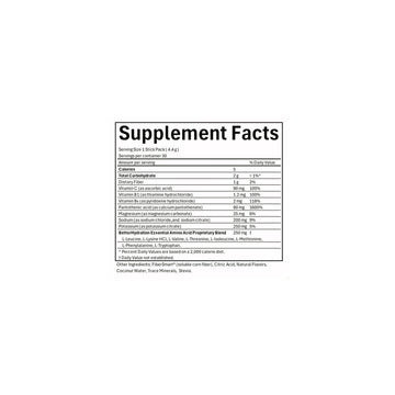 Supplement Facts label showing serving size 1 stick pack (4.4 g), 30 servings, vitamins, minerals, and amino blend.