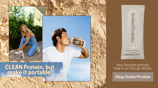 Woman tying her shoe and a man drinking from a shaker bottle. On the right is a stick of BetterProtein