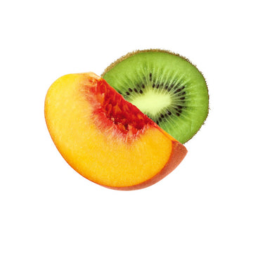 Peach slice in front of a kiwi half, both cut open on a white background