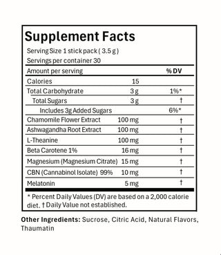 Supplement Facts panel: serving size 1 stick pack (3.5 g), 30 servings; 15 calories; 3g sugar; ingredients list.