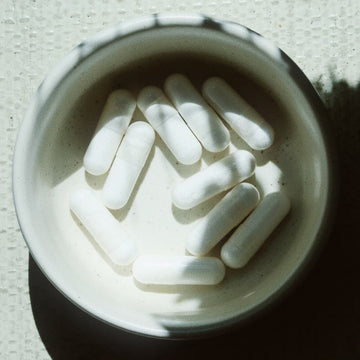 White capsules inside an open pill bottle, viewed from above, with sunlight and shadow across the pills.