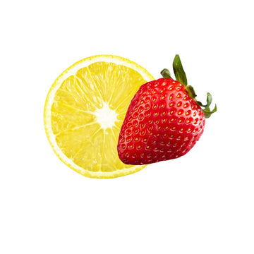 Strawberry resting against a lemon slice on a white background