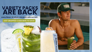 Variety Packs are back with a green drink and a man in a pool drinking out of a glass