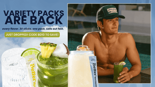 Banner that says variety packs are back with a man drinking BetterDays