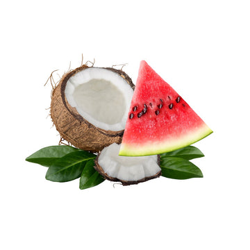 Half coconut and coconut piece with a watermelon slice and green leaves on a white background