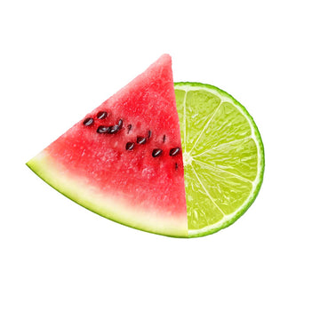 Watermelon slice with black seeds merged with a lime half on a white background