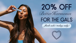 Woman applying sunscreen with promotional text for 'Better Hormones' product sale.