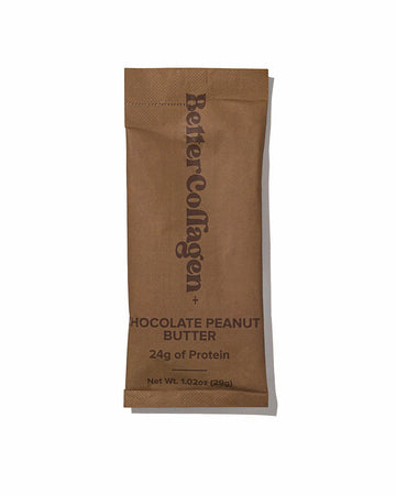 Brown package of Better Collagen+ Chocolate Peanut Butter on a white background