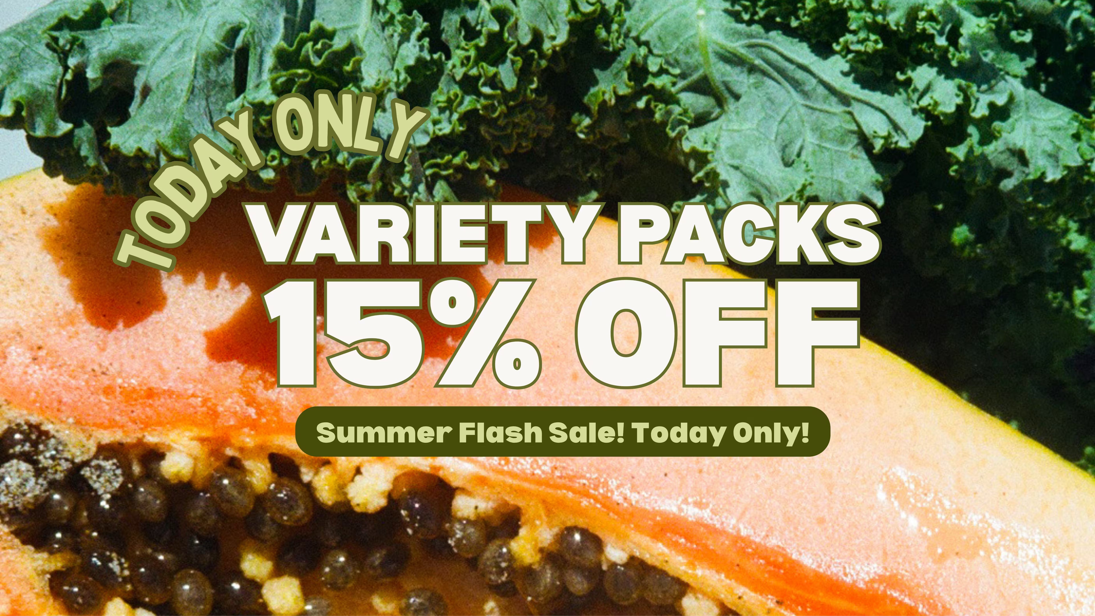Promotional graphic with vegetables and text overlay for a 15% off variety pack sale.
