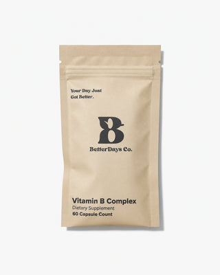 A stand-up pouch of BetterDays Co. Vitamin B Complex dietary supplement, shown on a clean white background.