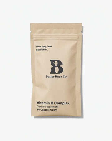 A stand-up pouch of BetterDays Co. Vitamin B Complex dietary supplement, shown on a clean white background.