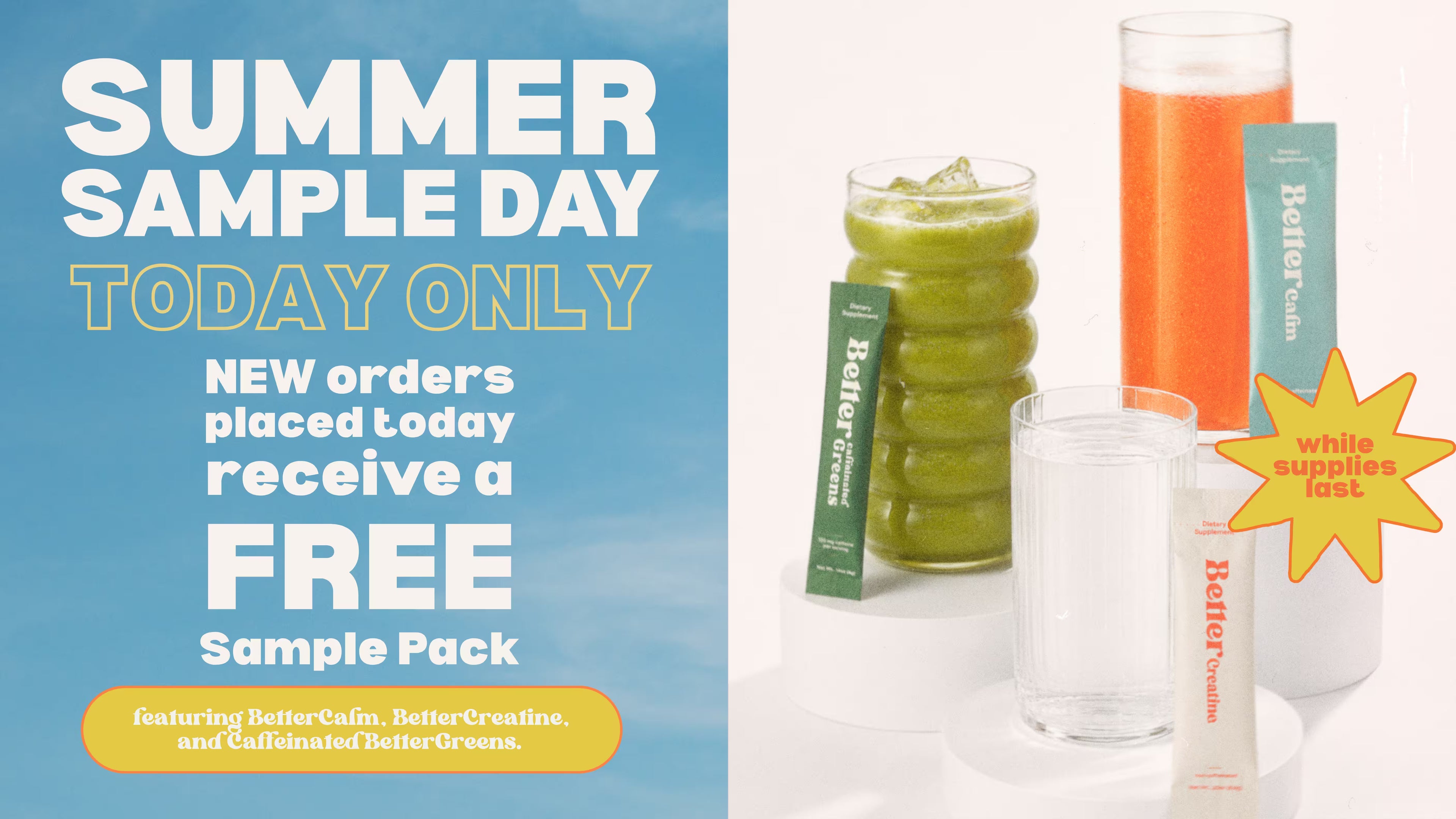 Promotional advertisement for a free sample pack offer with drinks and packaging on a white background.
